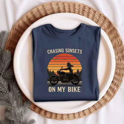 Chasing Sunsets On My Bike Women’s Biker T-Shirt – Heavyweight Gildan® 5000