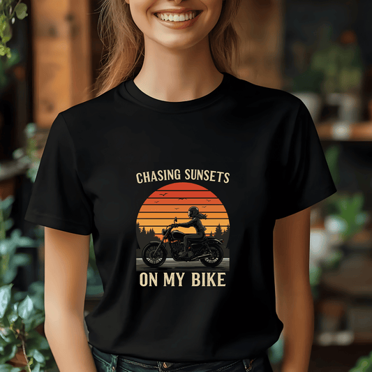 Chasing Sunsets On My Bike Women’s Biker T-Shirt – Heavyweight Gildan® 5000