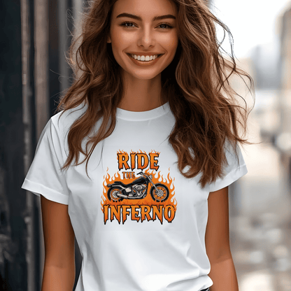 Ride the Inferno Women’s Biker T-Shirt – Heavyweight Gildan® 5000 Crewneck