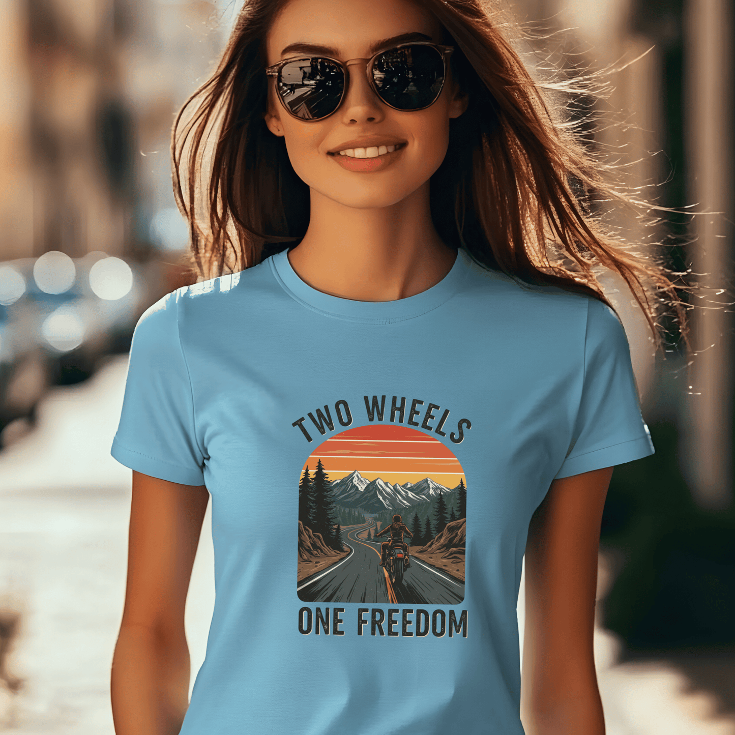 Two Wheels, One Freedom Women’s Biker T-Shirt – Heavyweight Gildan® 5000 Crewneck